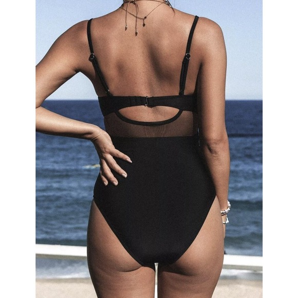 Black Mesh Wrap Front Cutout One Piece Swimsuit size Large - Picture 3 of 15
